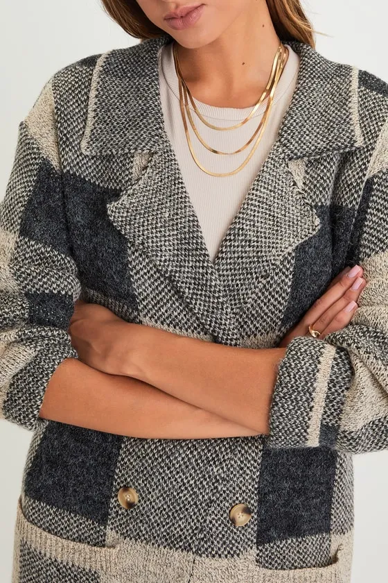 Cuddle Club Beige and Black Plaid Long Sleeve Coatigan sold by Lulus product image thumbnail 4