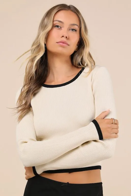 Effortless Mode Cream Ribbed Cutout Long Sleeve Sweater Top sold by Lulus