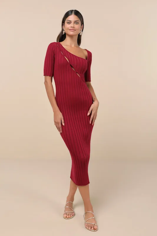 Flattering Aura Berry Pink Ribbed Asymmetrical Cutout Midi Dress sold by Lulus