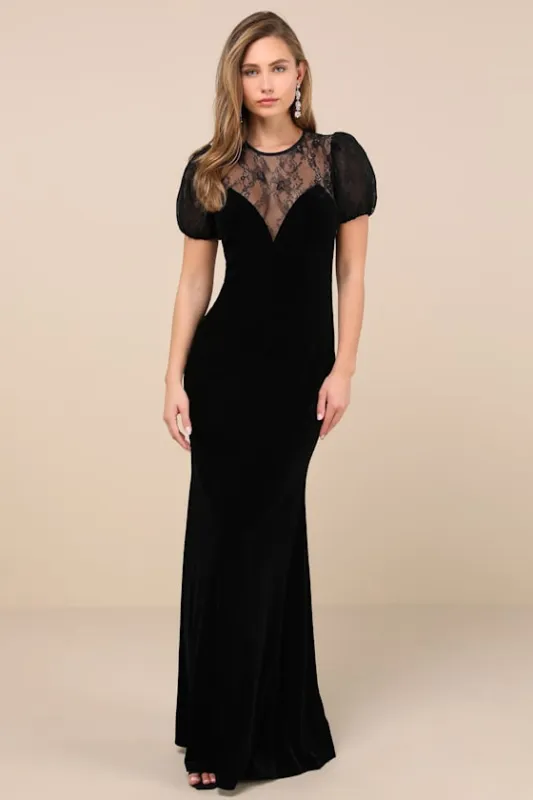 Alluring Event Black Velvet Lace Puff Sleeve Maxi Dress sold by Lulus