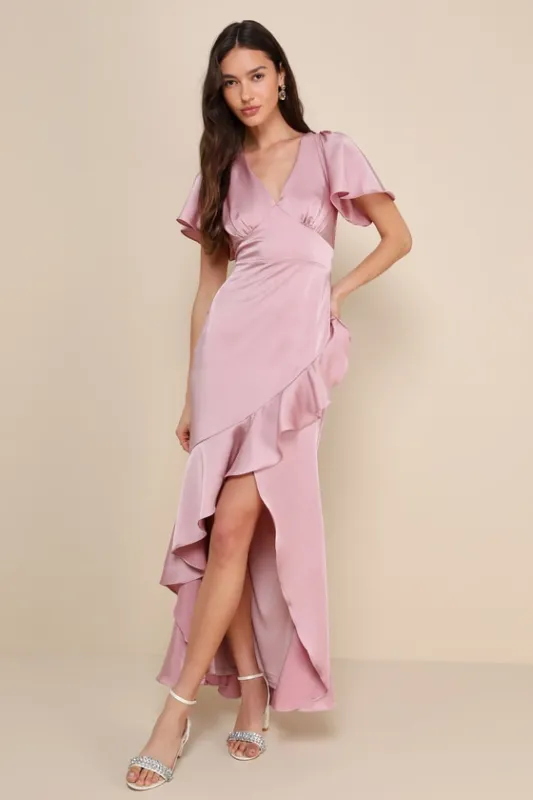 Eternal Bond Blush Satin Ruffled Flutter Sleeve Maxi Dress sold by Lulus