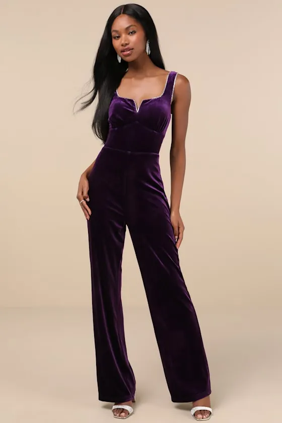 Dazzling Luxury Dark Purple Velvet Rhinestone Notched Jumpsuit sold by Lulus