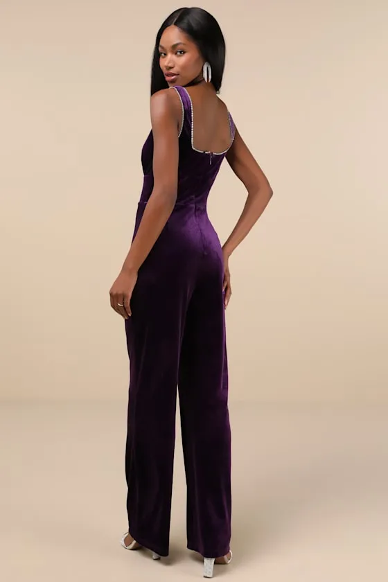 Dazzling Luxury Dark Purple Velvet Rhinestone Notched Jumpsuit sold by Lulus product image thumbnail 2