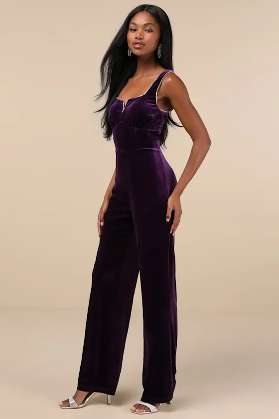 Dazzling Luxury Dark Purple Velvet Rhinestone Notched Jumpsuit sold by Lulus product image thumbnail 3