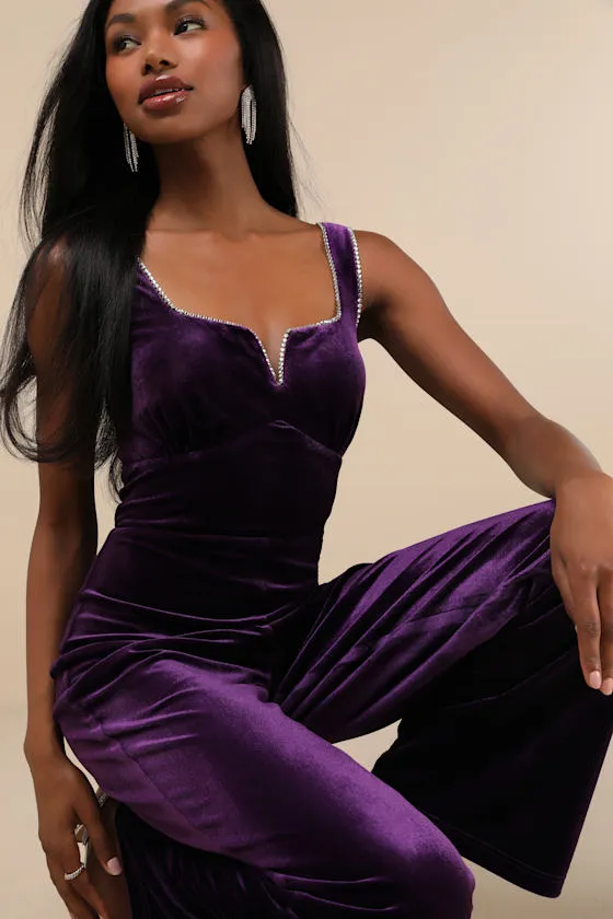 Dazzling Luxury Dark Purple Velvet Rhinestone Notched Jumpsuit sold by Lulus product image thumbnail 4