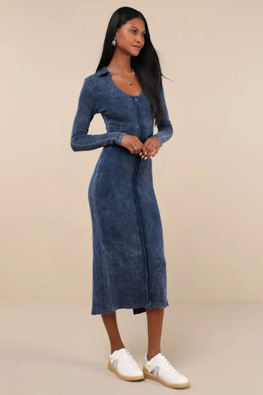 Effortlessly Pristine Washed Navy Ribbed Long Sleeve Midi Dress sold by Lulus