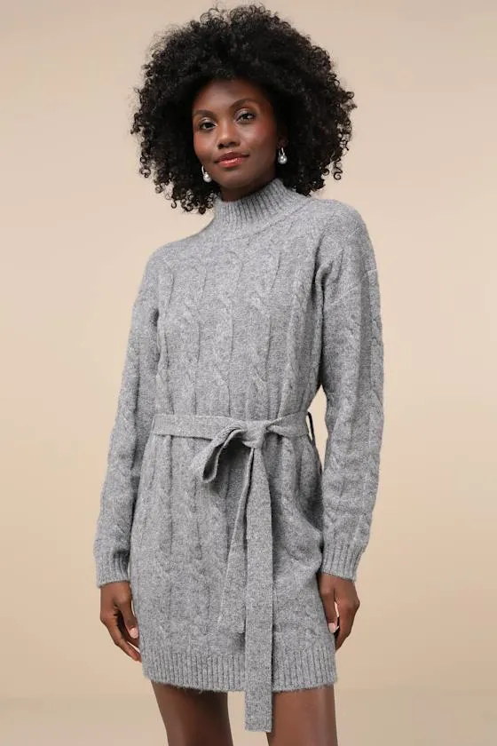 Warmed Up To You Heather Grey Cable Knit Mock Neck Sweater Dress sold by Lulus