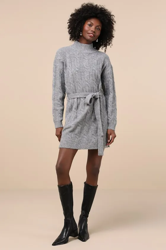 Warmed Up To You Heather Grey Cable Knit Mock Neck Sweater Dress sold by Lulus product image thumbnail 2