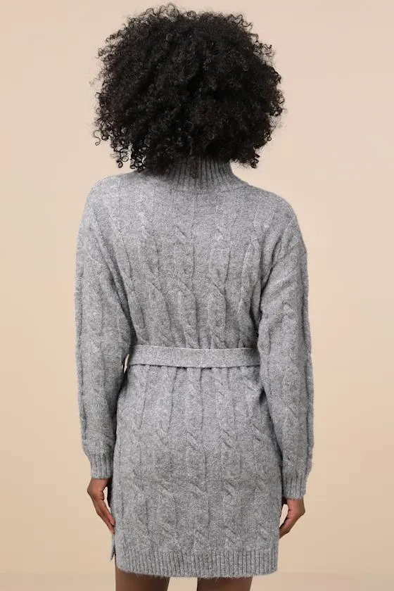Warmed Up To You Heather Grey Cable Knit Mock Neck Sweater Dress sold by Lulus product image thumbnail 3