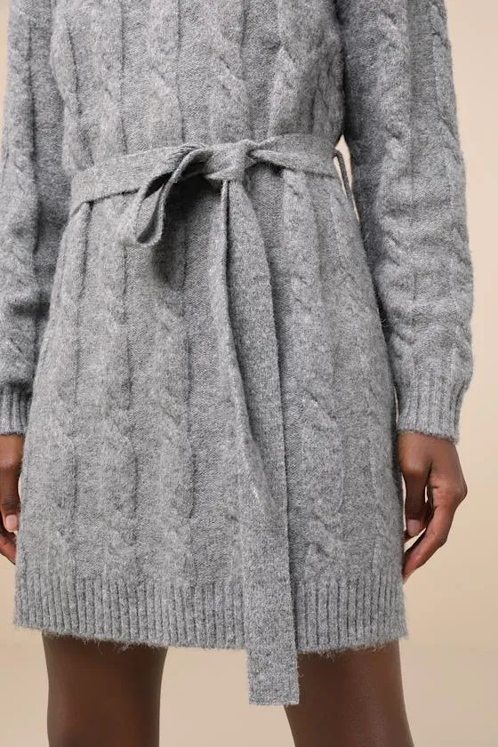 Warmed Up To You Heather Grey Cable Knit Mock Neck Sweater Dress sold by Lulus product image thumbnail 4