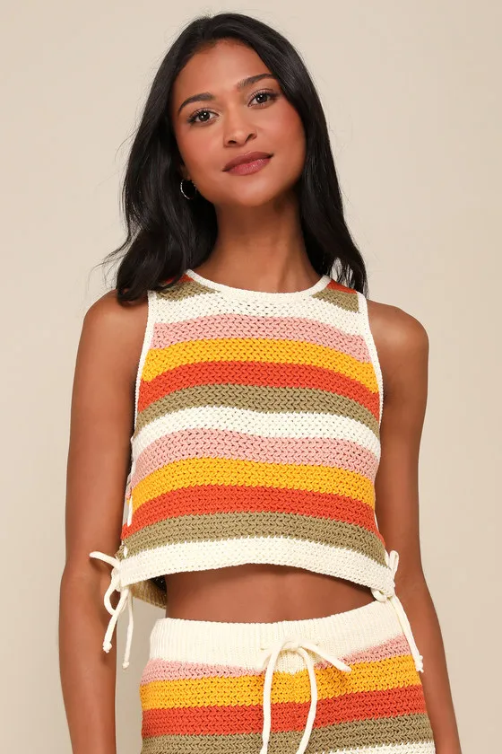 Effortlessly Nice Multi Striped Crochet Side-Tie Sleeveless Top sold by Lulus