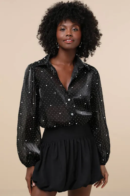 Poised Glam Black Sheer Rhinestone Button-Up Top sold by Lulus