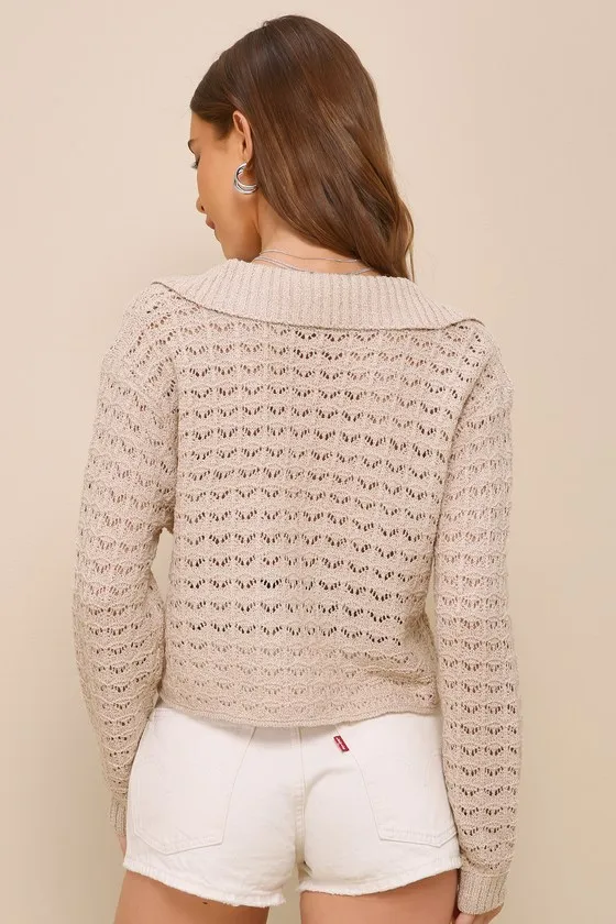 Adorable Enthusiasm Beige Pointelle Collared Cropped Sweater sold by Lulus product image thumbnail 2
