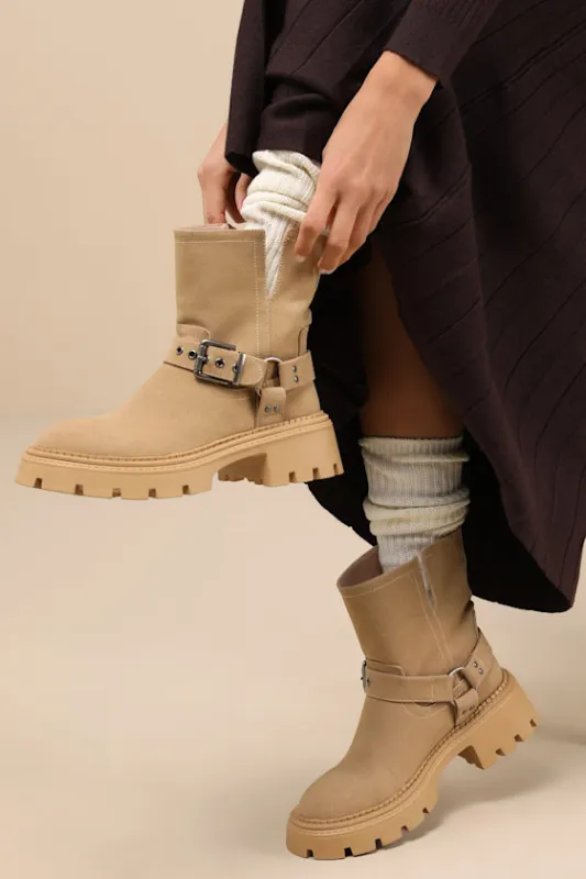 Rylander Sand Suede Moto Ankle Boots sold by Lulus