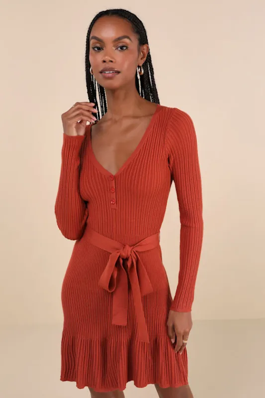 Cozy Poise Rust Orange Henley Long Sleeve Mini Sweater Dress sold by Lulus