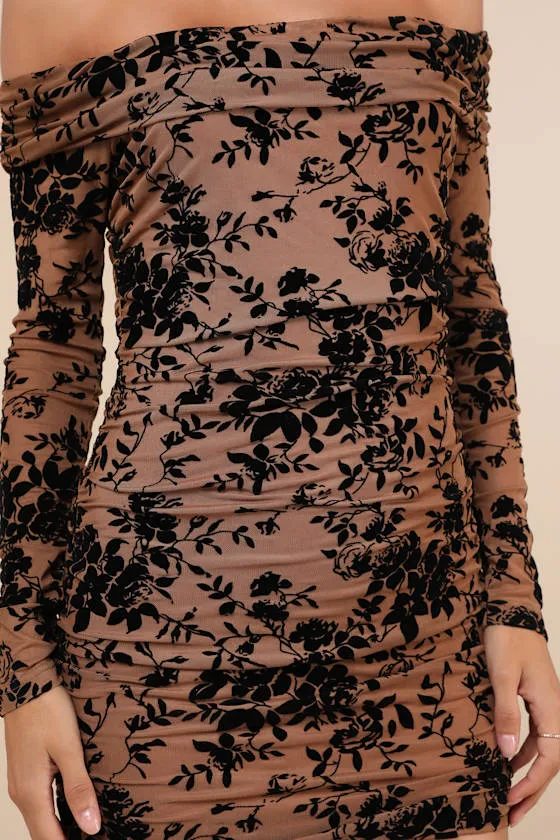 Perfect Act Tan Velvet Burnout Off-the-Shoulder Mini Dress sold by Lulus product image thumbnail 4