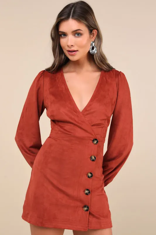 Chicest Aura Rust Suede Surplice Long Sleeve Mini Dress sold by Lulus