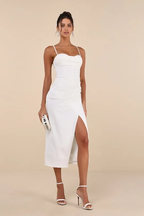 Always Turning Heads White Bustier Tulip Midi Dress sold by Lulus