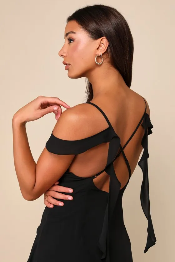 Iconic Reality Black Ruffled Cold-Shoulder Backless Maxi Dress sold by Lulus product image thumbnail 3