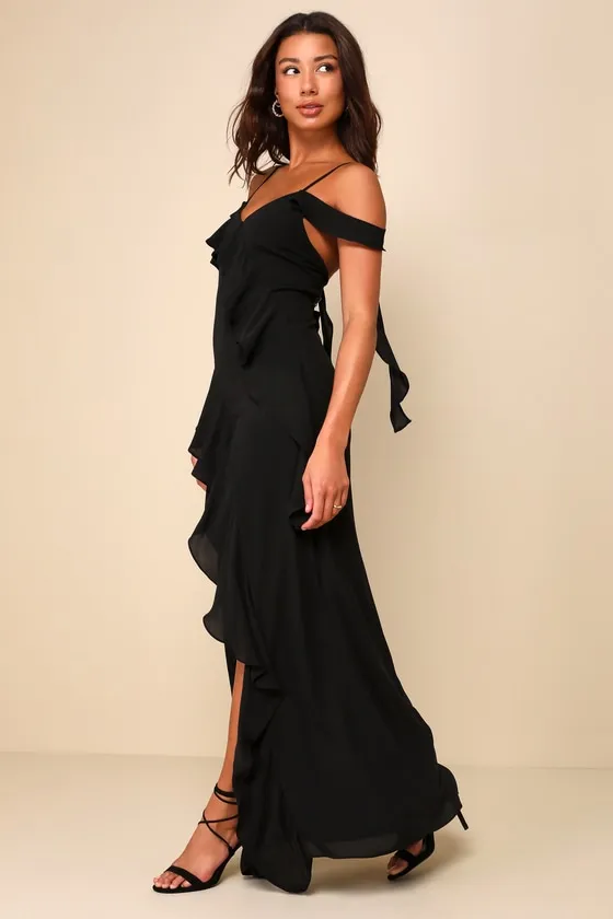 Iconic Reality Black Ruffled Cold-Shoulder Backless Maxi Dress sold by Lulus product image thumbnail 4