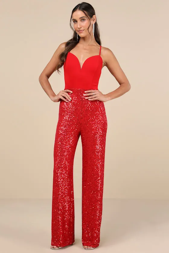 Dazzling Vision Red Sequin Sleeveless Wide-Leg Jumpsuit sold by Lulus
