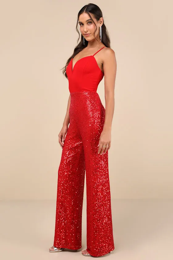 Dazzling Vision Red Sequin Sleeveless Wide-Leg Jumpsuit sold by Lulus product image thumbnail 3