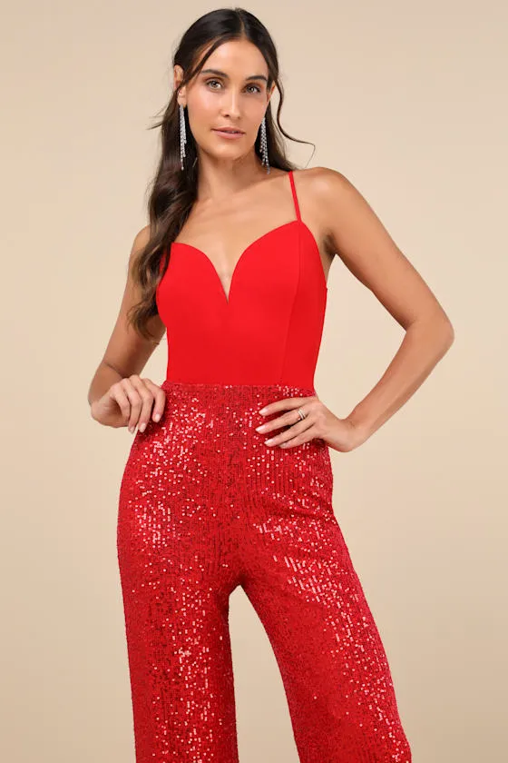 Dazzling Vision Red Sequin Sleeveless Wide-Leg Jumpsuit sold by Lulus product image thumbnail 4