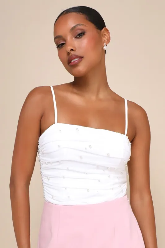 Poised Moment Ivory Pearl Mesh Ruched Sleeveless Bodysuit sold by Lulus