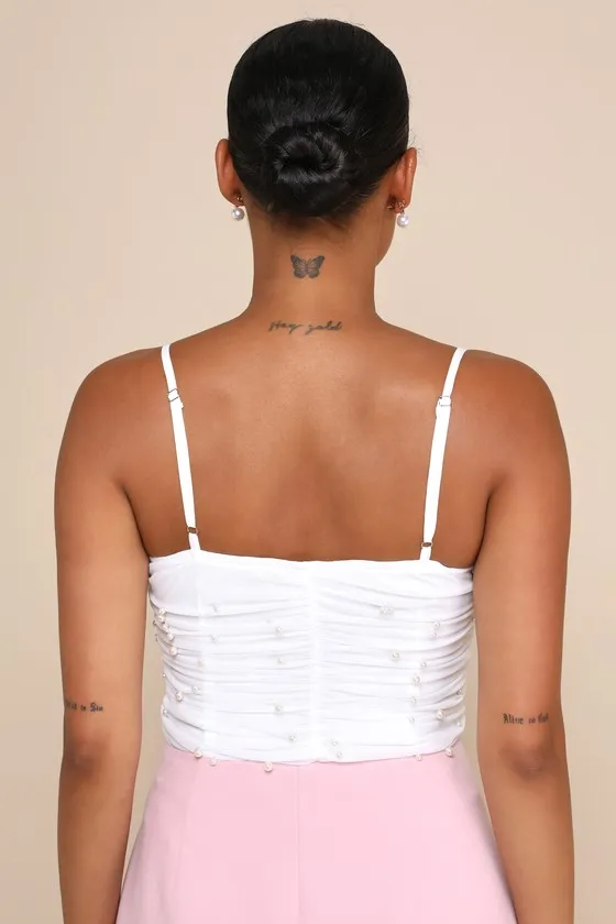 Poised Moment Ivory Pearl Mesh Ruched Sleeveless Bodysuit sold by Lulus product image thumbnail 2