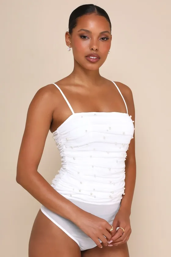 Poised Moment Ivory Pearl Mesh Ruched Sleeveless Bodysuit sold by Lulus product image thumbnail 4