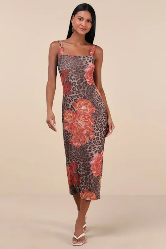 Palesa Brown Leopard Floral Print Mesh Midi Dress sold by Lulus