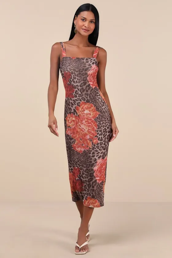 Palesa Brown Leopard Floral Print Mesh Midi Dress sold by Lulus