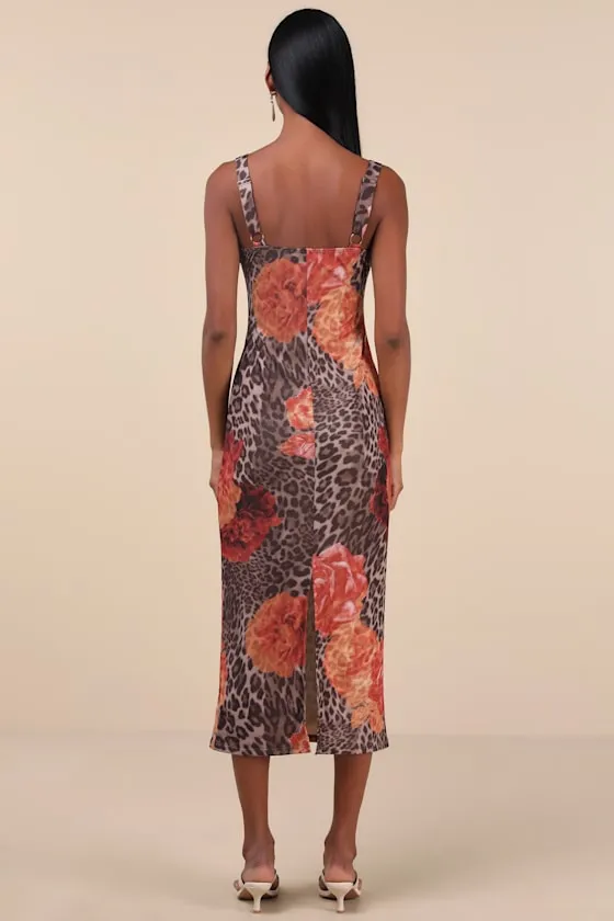 Palesa Brown Leopard Floral Print Mesh Midi Dress sold by Lulus product image thumbnail 2