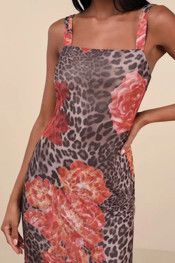 Palesa Brown Leopard Floral Print Mesh Midi Dress sold by Lulus product image thumbnail 3
