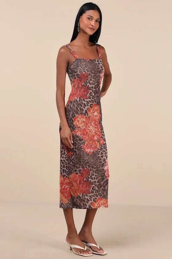 Palesa Brown Leopard Floral Print Mesh Midi Dress sold by Lulus product image thumbnail 4
