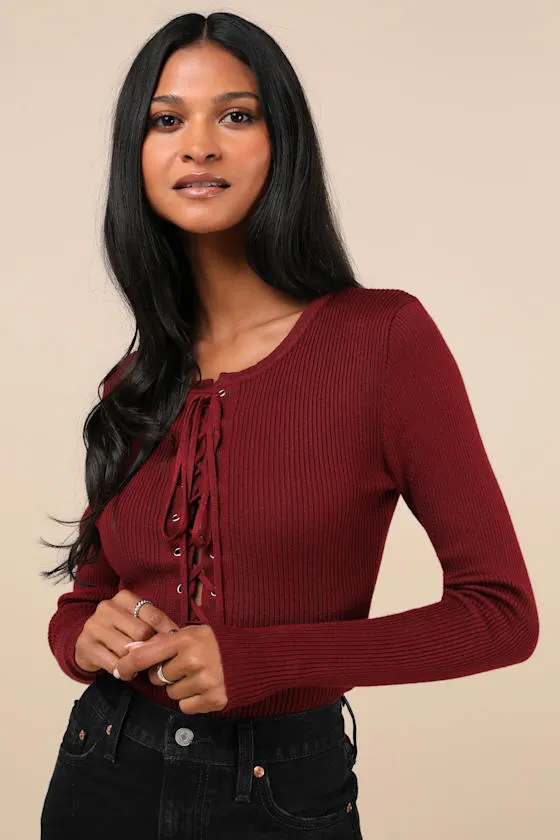 Intriguing Favorite Dark Red Lace-Up Sweater Top sold by Lulus