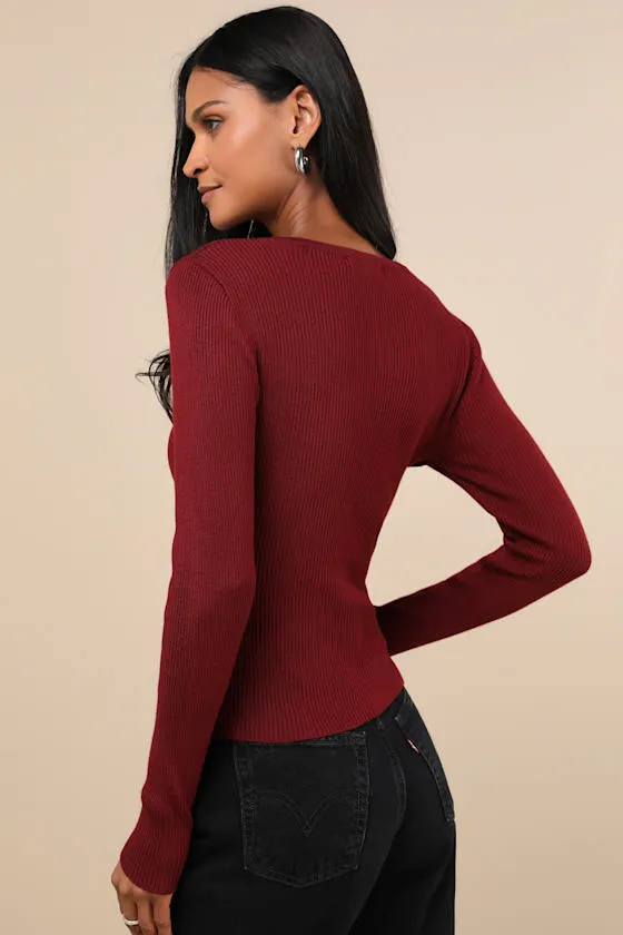 Intriguing Favorite Dark Red Lace-Up Sweater Top sold by Lulus product image thumbnail 3