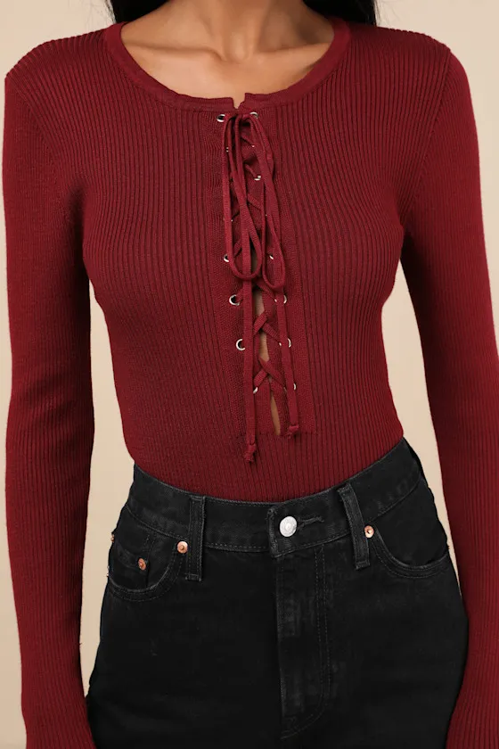Intriguing Favorite Dark Red Lace-Up Sweater Top sold by Lulus product image thumbnail 4