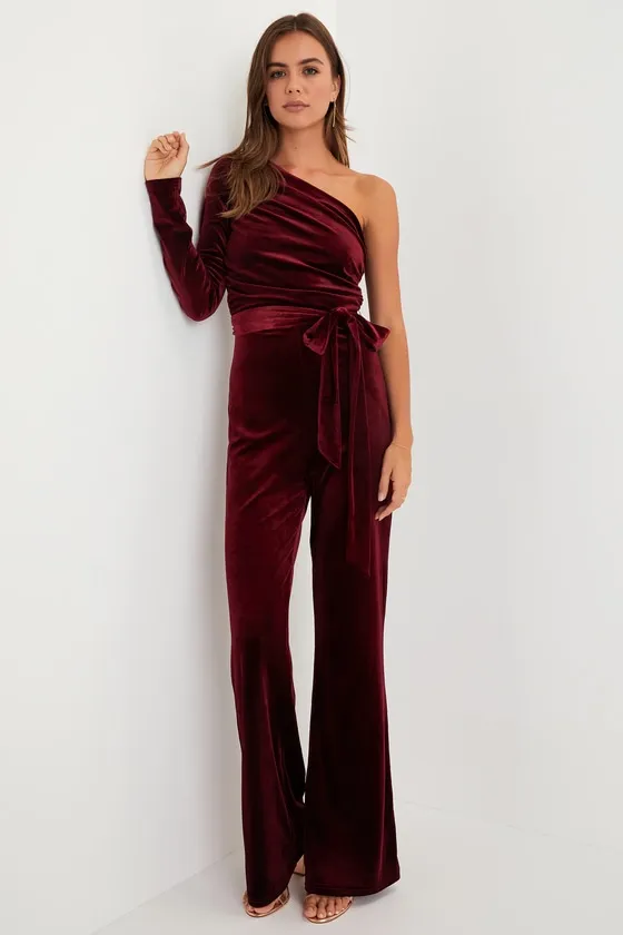 Extraordinary Vibe Burgundy Velvet One-Shoulder Jumpsuit sold by Lulus