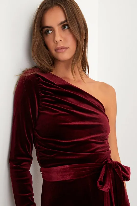 Extraordinary Vibe Burgundy Velvet One-Shoulder Jumpsuit sold by Lulus product image thumbnail 2