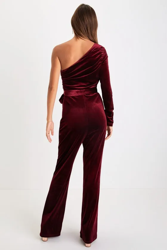 Extraordinary Vibe Burgundy Velvet One-Shoulder Jumpsuit sold by Lulus product image thumbnail 3