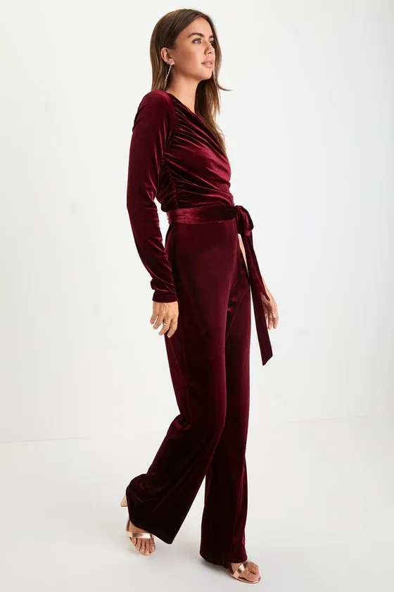 Extraordinary Vibe Burgundy Velvet One-Shoulder Jumpsuit sold by Lulus product image thumbnail 4