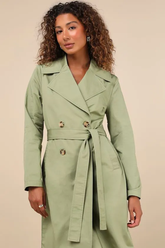Fave Forecast Olive Green Twill Trench Coat sold by Lulus
