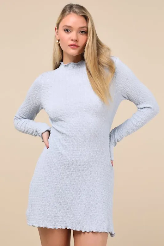 Flattering Forecast Light Blue Textured Long Sleeve Mini Dress sold by Lulus