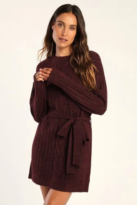 Wishing on Winter Burgundy Cable Knit Mini Sweater Dress sold by Lulus product image thumbnail 3