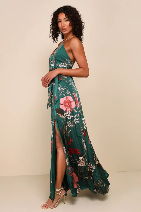 Still the One Emerald Green Floral Print Satin Maxi Dress sold by Lulus