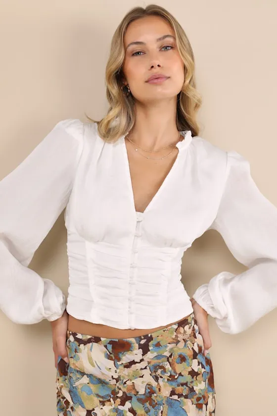 Elevated Achievement White Balloon Sleeve Button-Front Top sold by Lulus