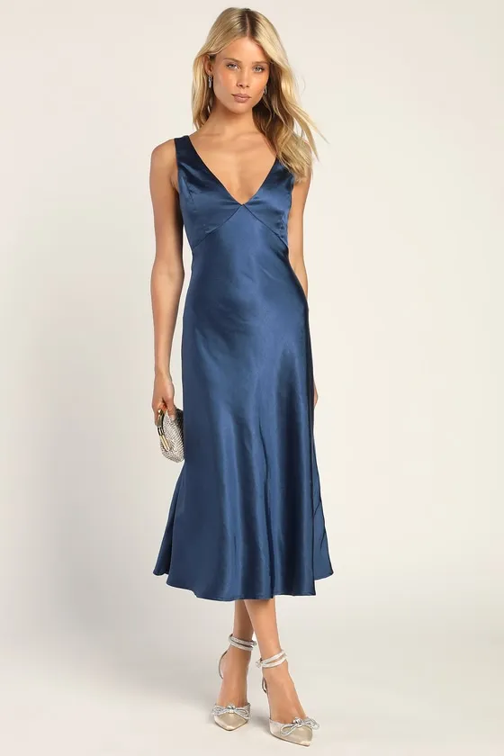 Incredible Love Navy Satin Cowl Back Midi Slip Dress sold by Lulus