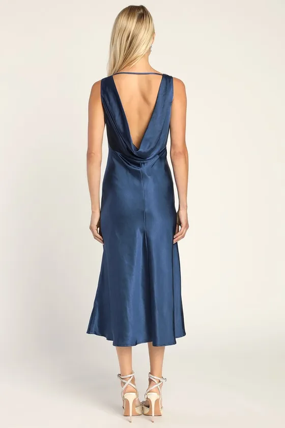 Incredible Love Navy Satin Cowl Back Midi Slip Dress sold by Lulus product image thumbnail 2