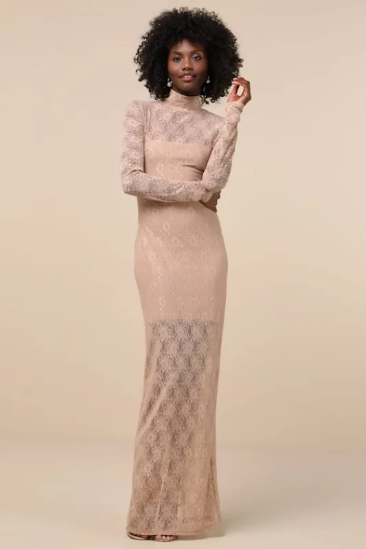Famous Impression Beige Lace Mock Neck Long Sleeve Maxi Dress sold by Lulus
